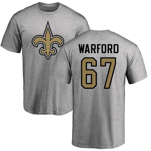 Men New Orleans Saints Ash Larry Warford Name and Number Logo NFL Football #67 T Shirt->new orleans saints->NFL Jersey